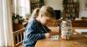 Child writing down a worry to place in a Worry Can