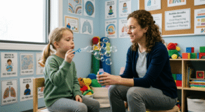 Child practicing deep breathing with bubbles in therapy
