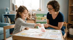 Child playing a feelings-based card game in therapy